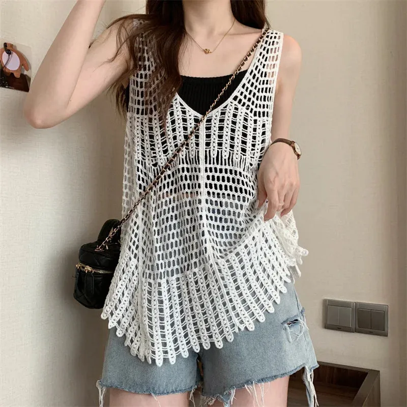 Hooked flower hollowed out knitted vest for women's top, retro loose fitting, sleeveless suspender top, summer cool style