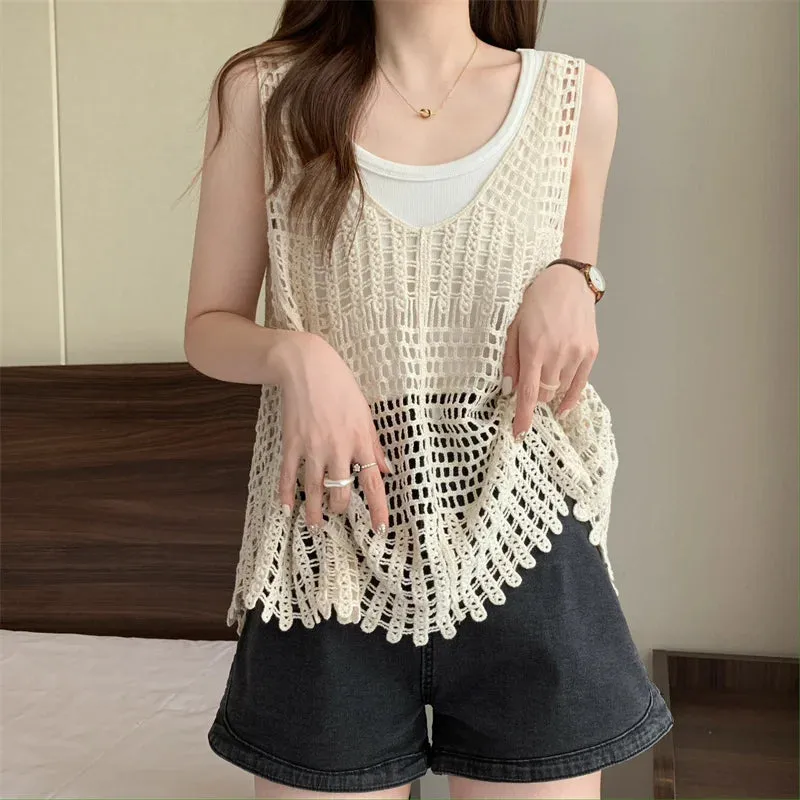 Hooked flower hollowed out knitted vest for women's top, retro loose fitting, sleeveless suspender top, summer cool style