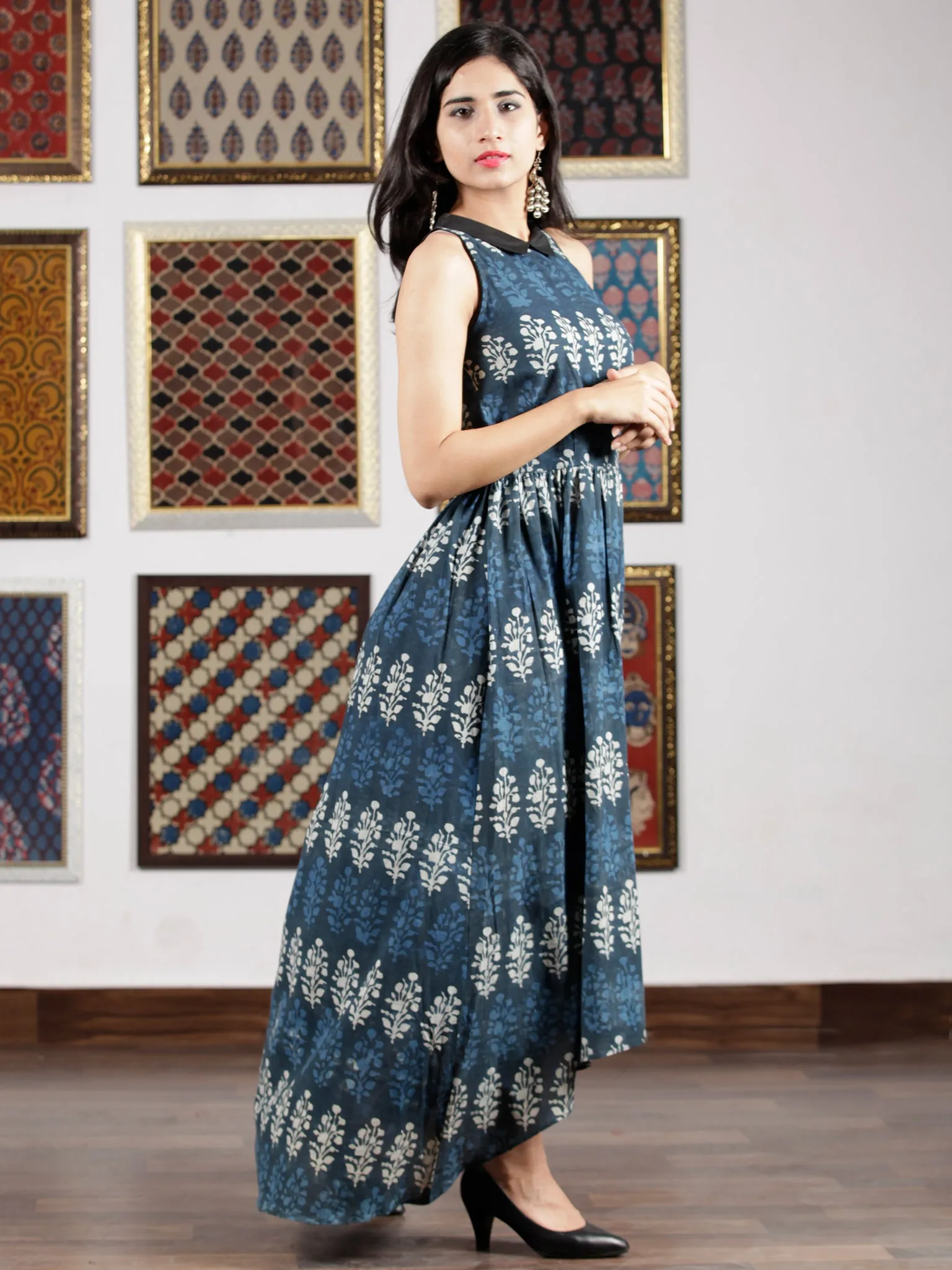 Indigo Blue White Hand Block Printed Cotton Asymmetric Dress With Shirt Collar - D263F772