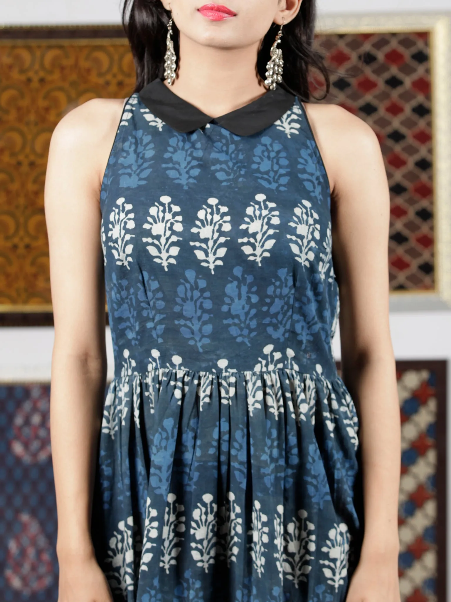 Indigo Blue White Hand Block Printed Cotton Asymmetric Dress With Shirt Collar - D263F772