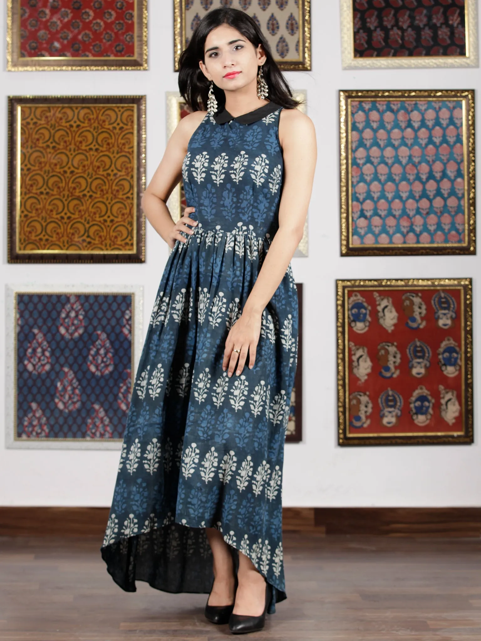 Indigo Blue White Hand Block Printed Cotton Asymmetric Dress With Shirt Collar - D263F772