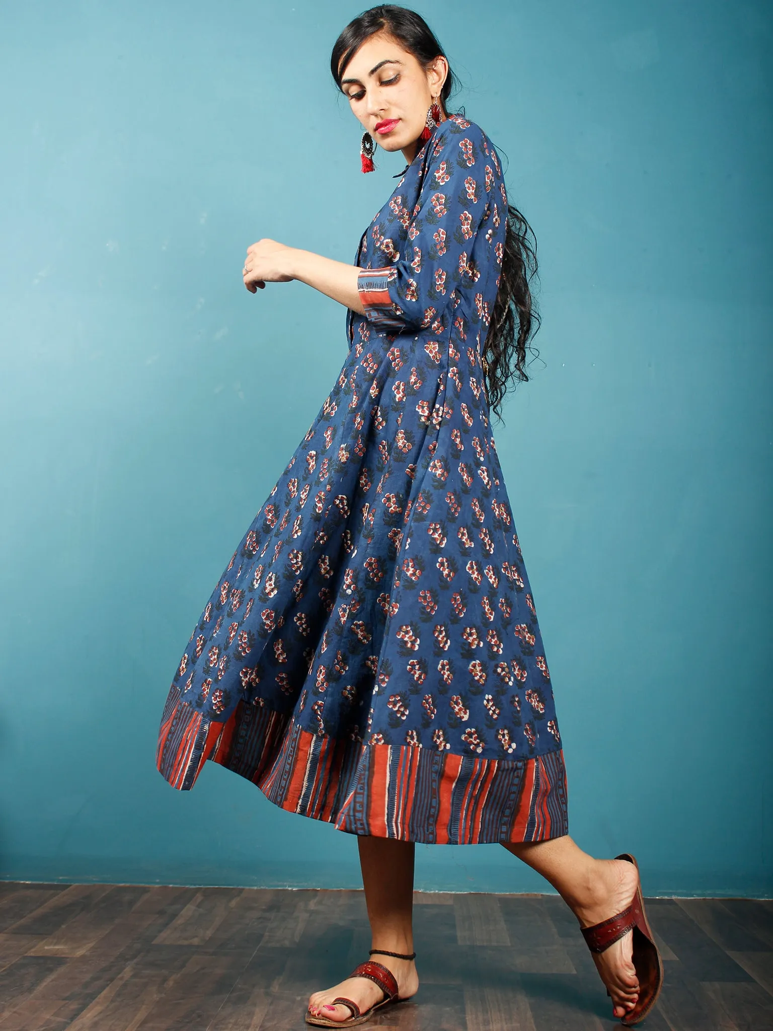 Indigo Rust Beige Ivory Hand Block Printed Cotton Midi Dress With Shirt Collar - D262F1388