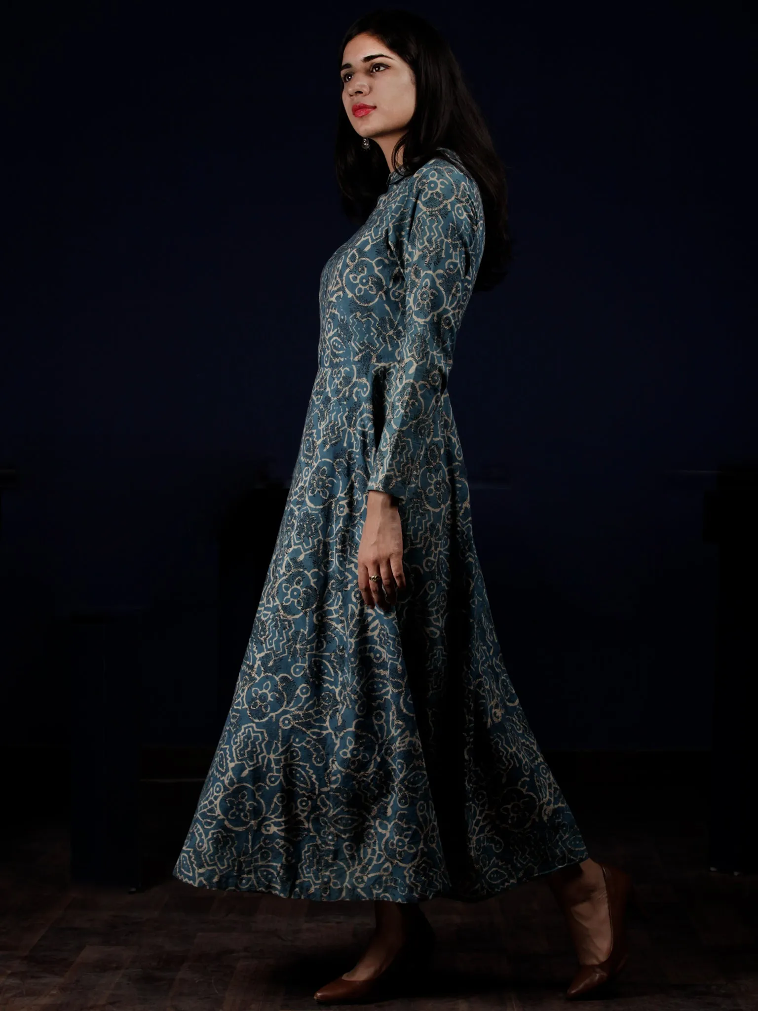 Indigo White Black Hand Block Printed Long Cotton Shirt Collar Dress - D248F1337