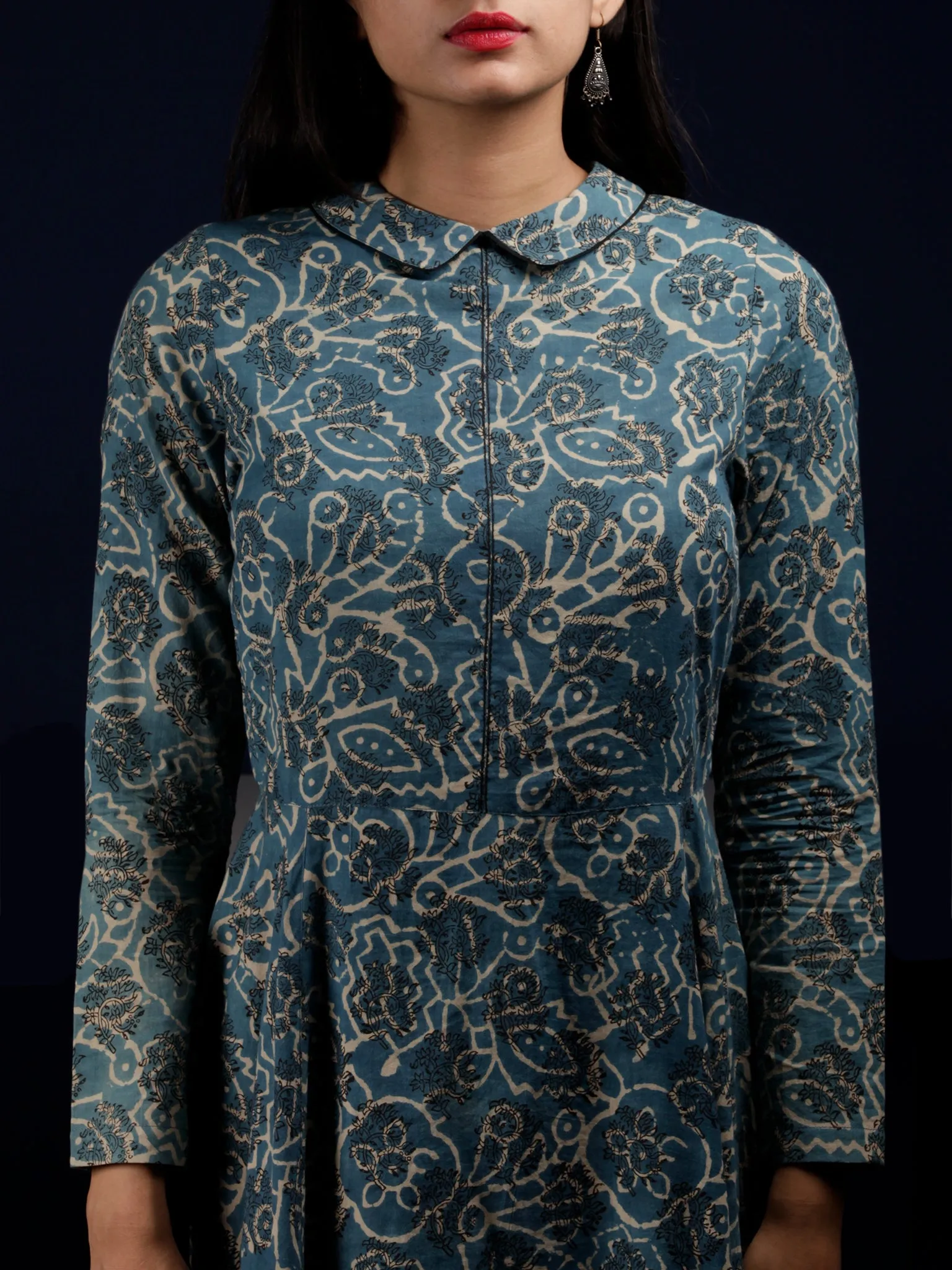 Indigo White Black Hand Block Printed Long Cotton Shirt Collar Dress - D248F1337