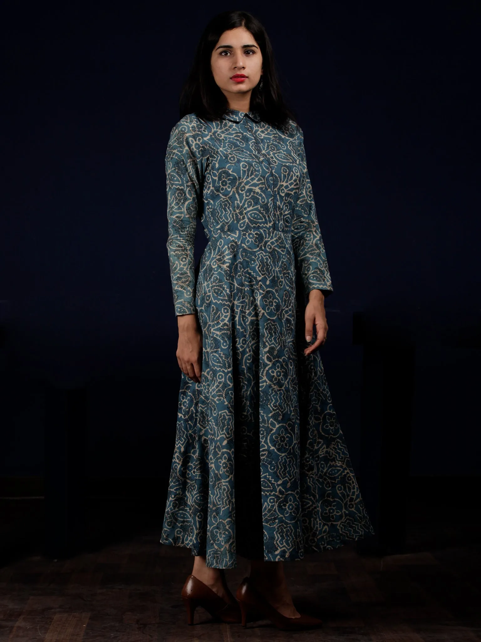 Indigo White Black Hand Block Printed Long Cotton Shirt Collar Dress - D248F1337