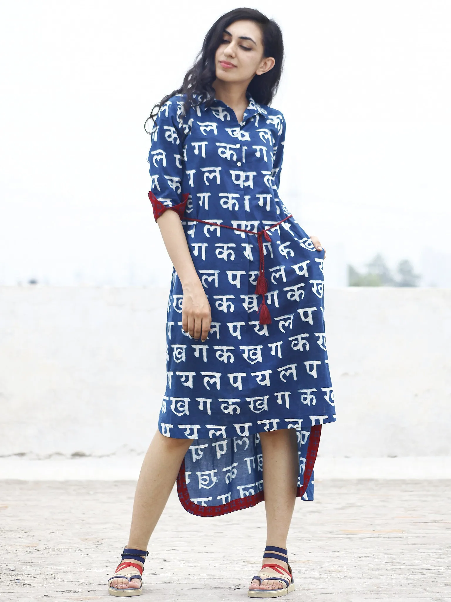 Indigo White Maroon Hand Block Printed Cotton Shirt Dress With Tie-Up Waist And Side Pockets -  D86F542