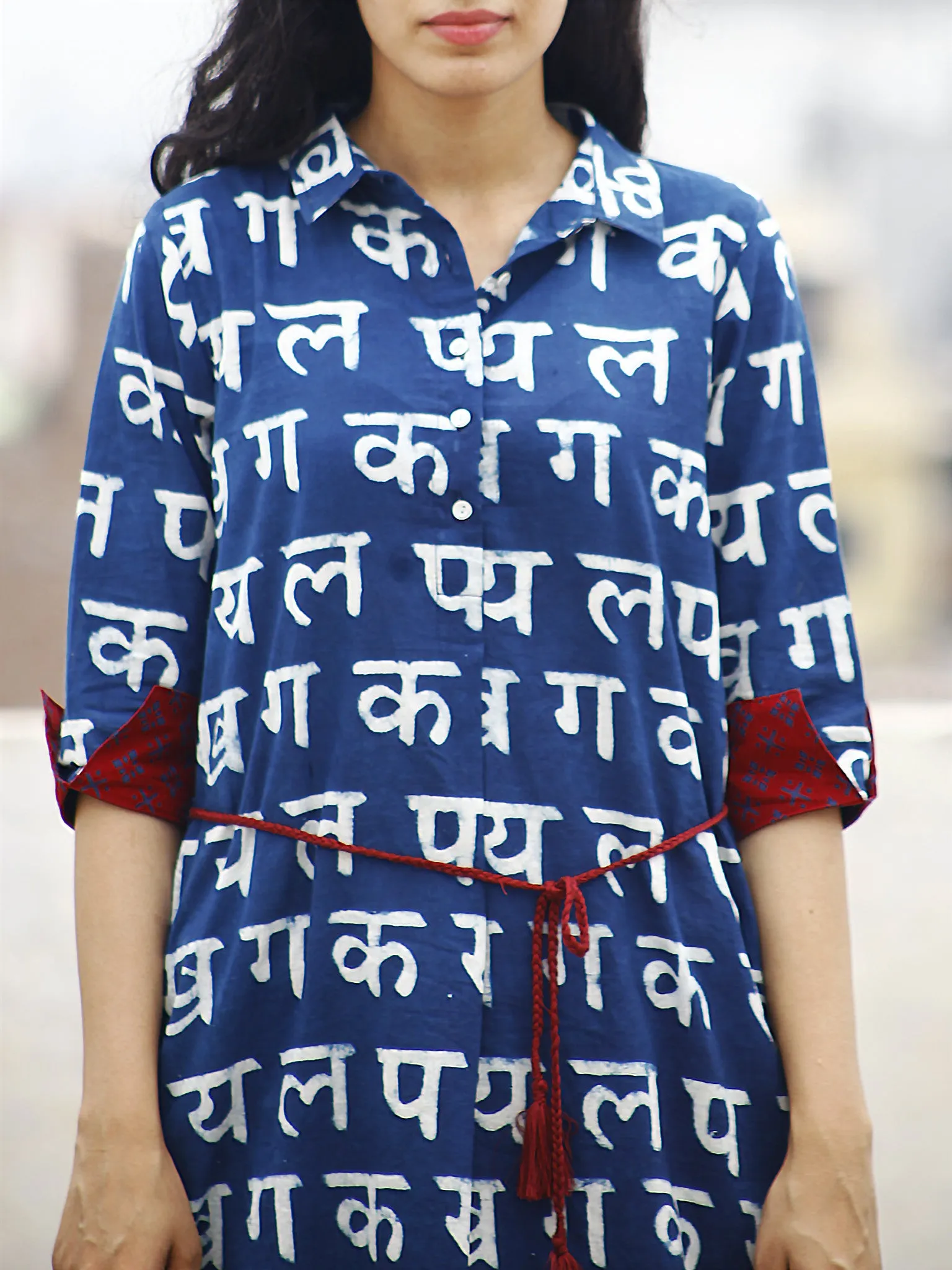 Indigo White Maroon Hand Block Printed Cotton Shirt Dress With Tie-Up Waist And Side Pockets -  D86F542