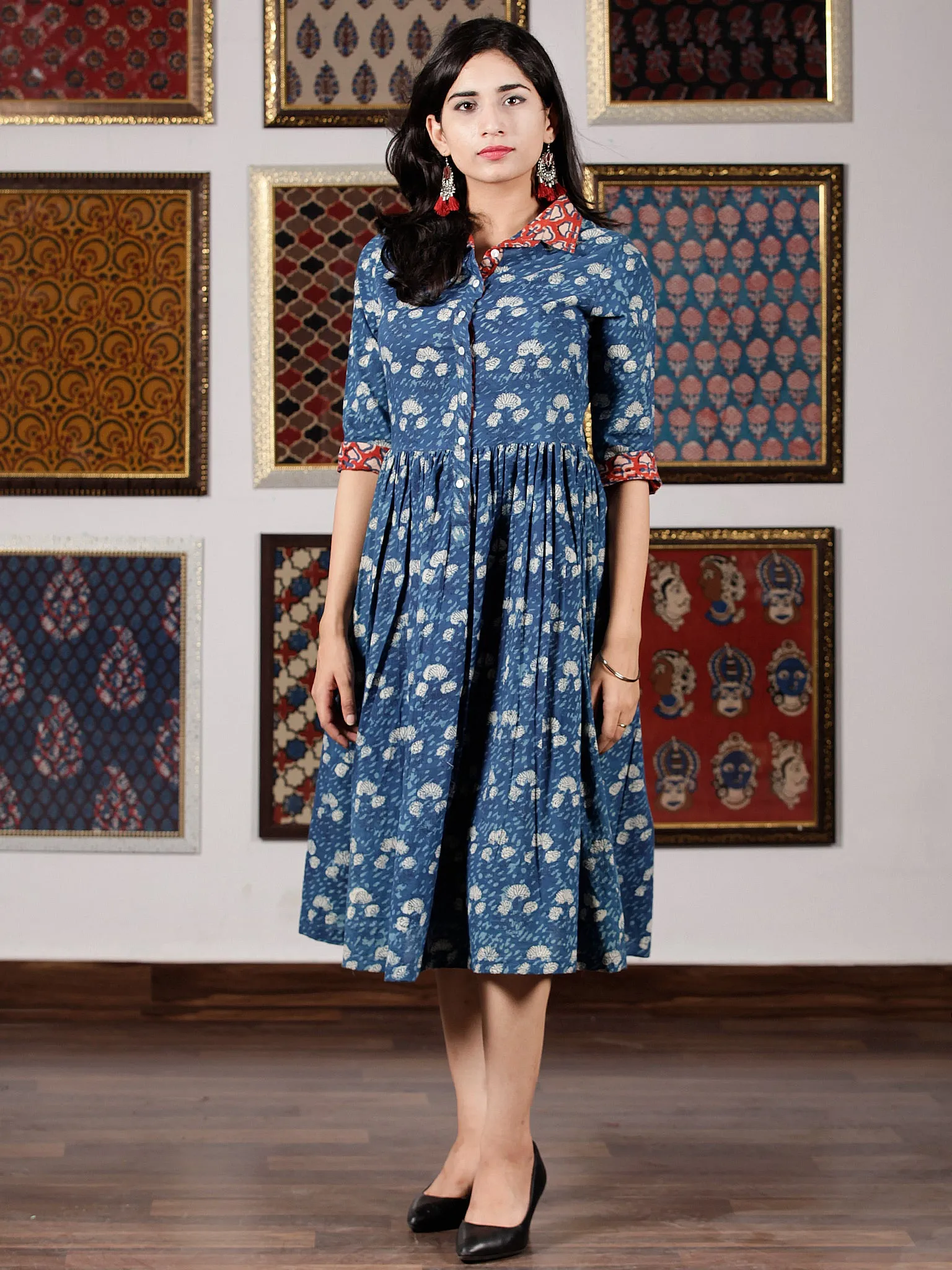 Indigo White Red Hand Block Printed Midi Cotton Dress With Shirt Collar - D251F1350