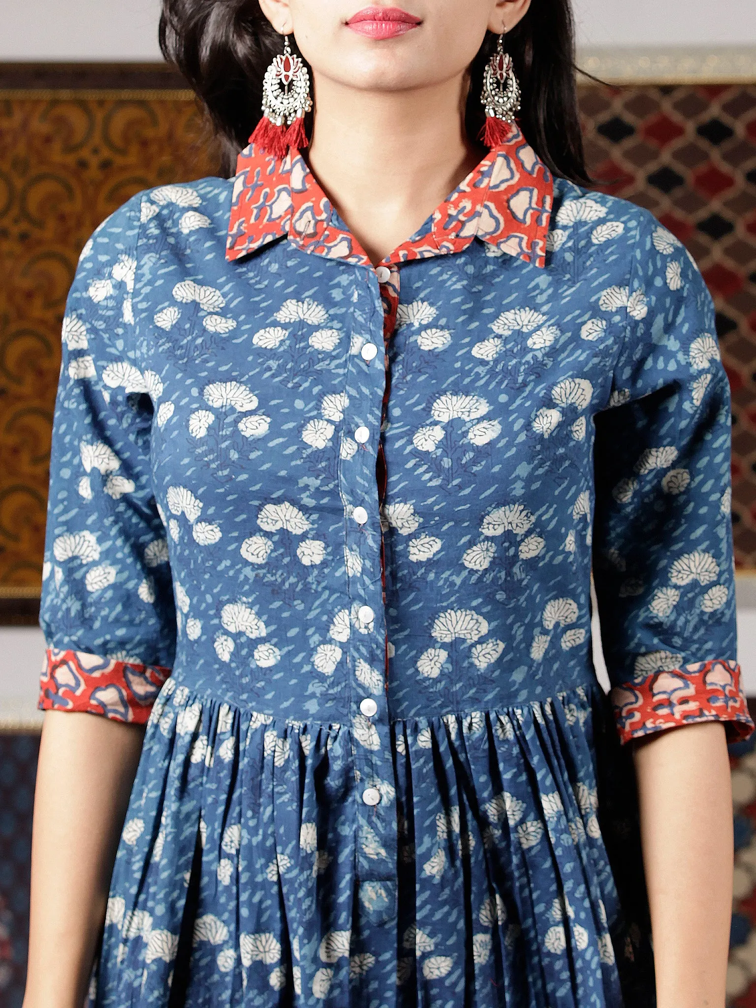 Indigo White Red Hand Block Printed Midi Cotton Dress With Shirt Collar - D251F1350