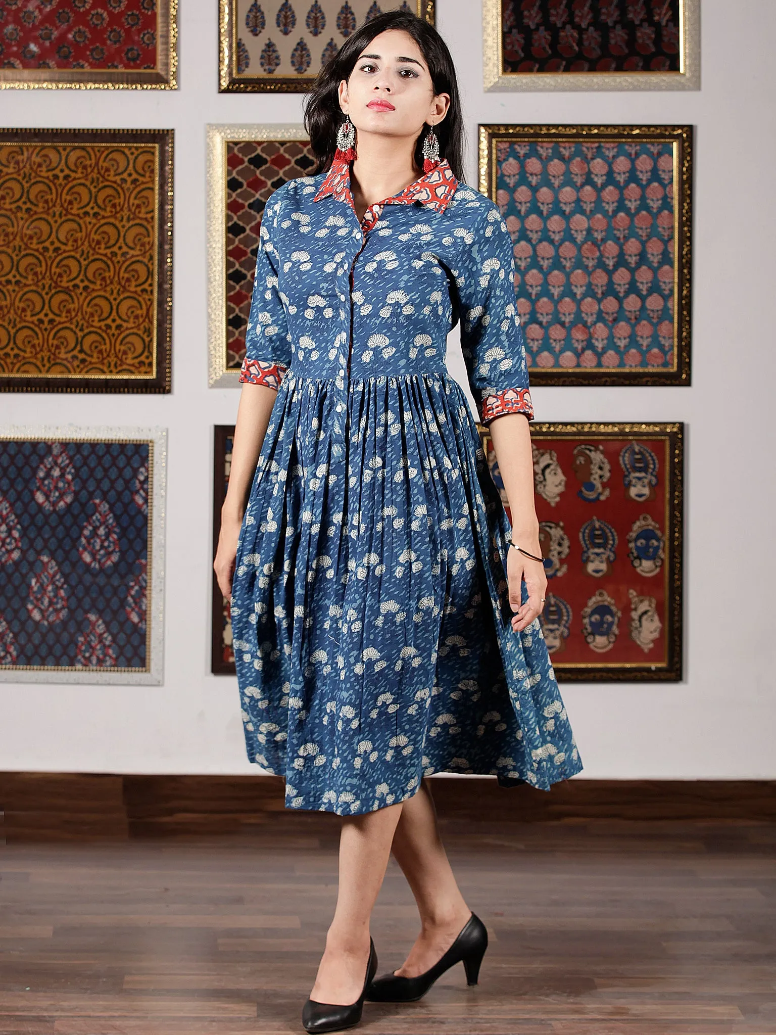 Indigo White Red Hand Block Printed Midi Cotton Dress With Shirt Collar - D251F1350