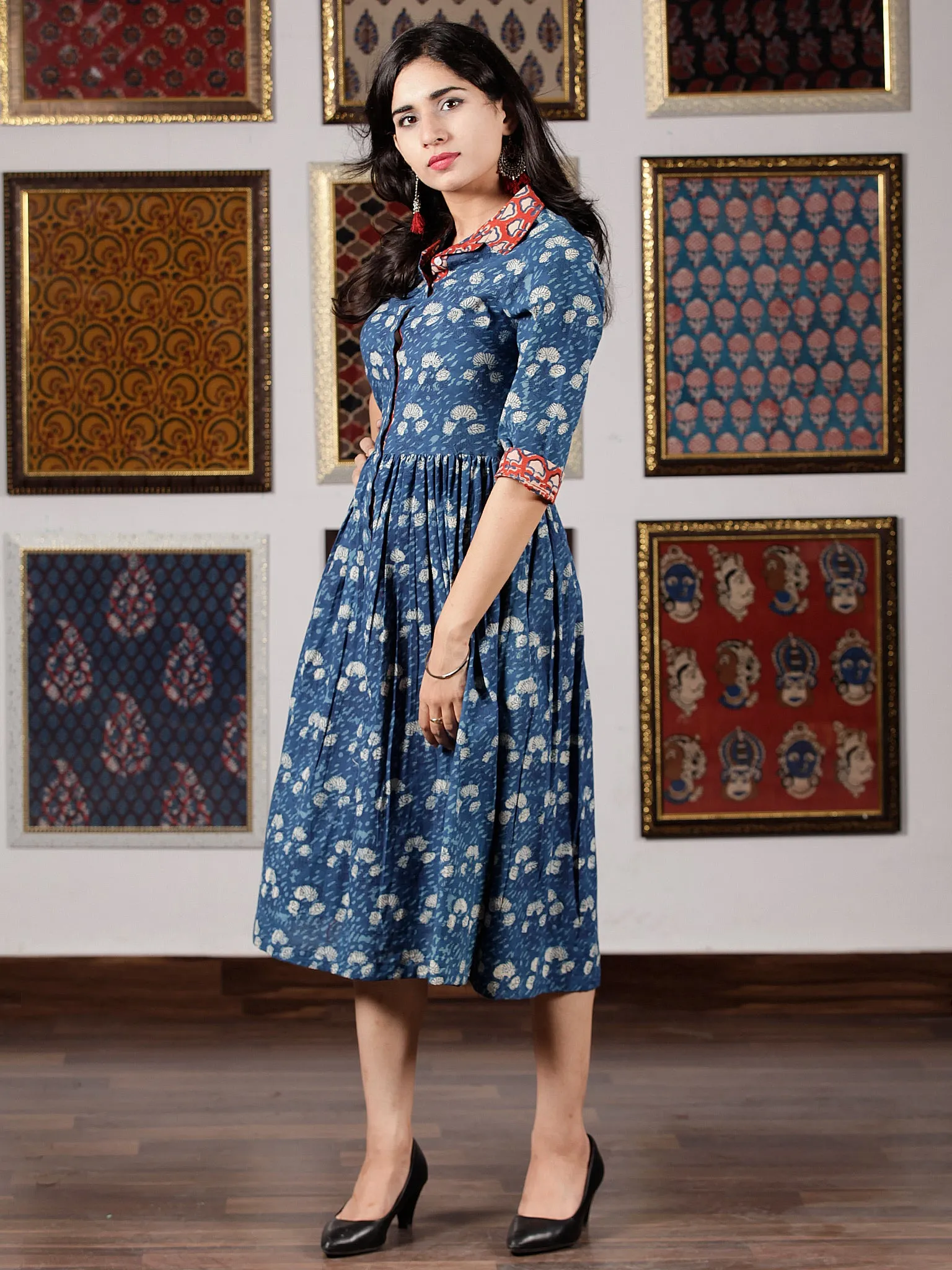 Indigo White Red Hand Block Printed Midi Cotton Dress With Shirt Collar - D251F1350