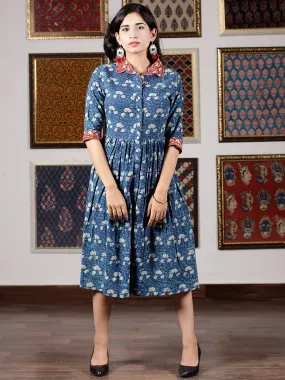 Indigo White Red Hand Block Printed Midi Cotton Dress With Shirt Collar - D251F1350