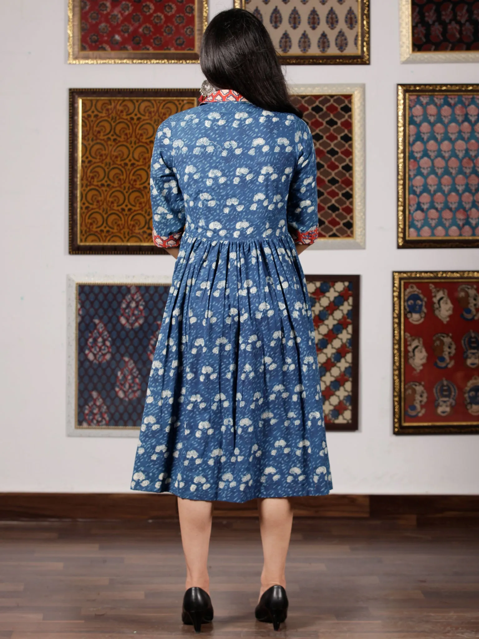 Indigo White Red Hand Block Printed Midi Cotton Dress With Shirt Collar - D251F1350