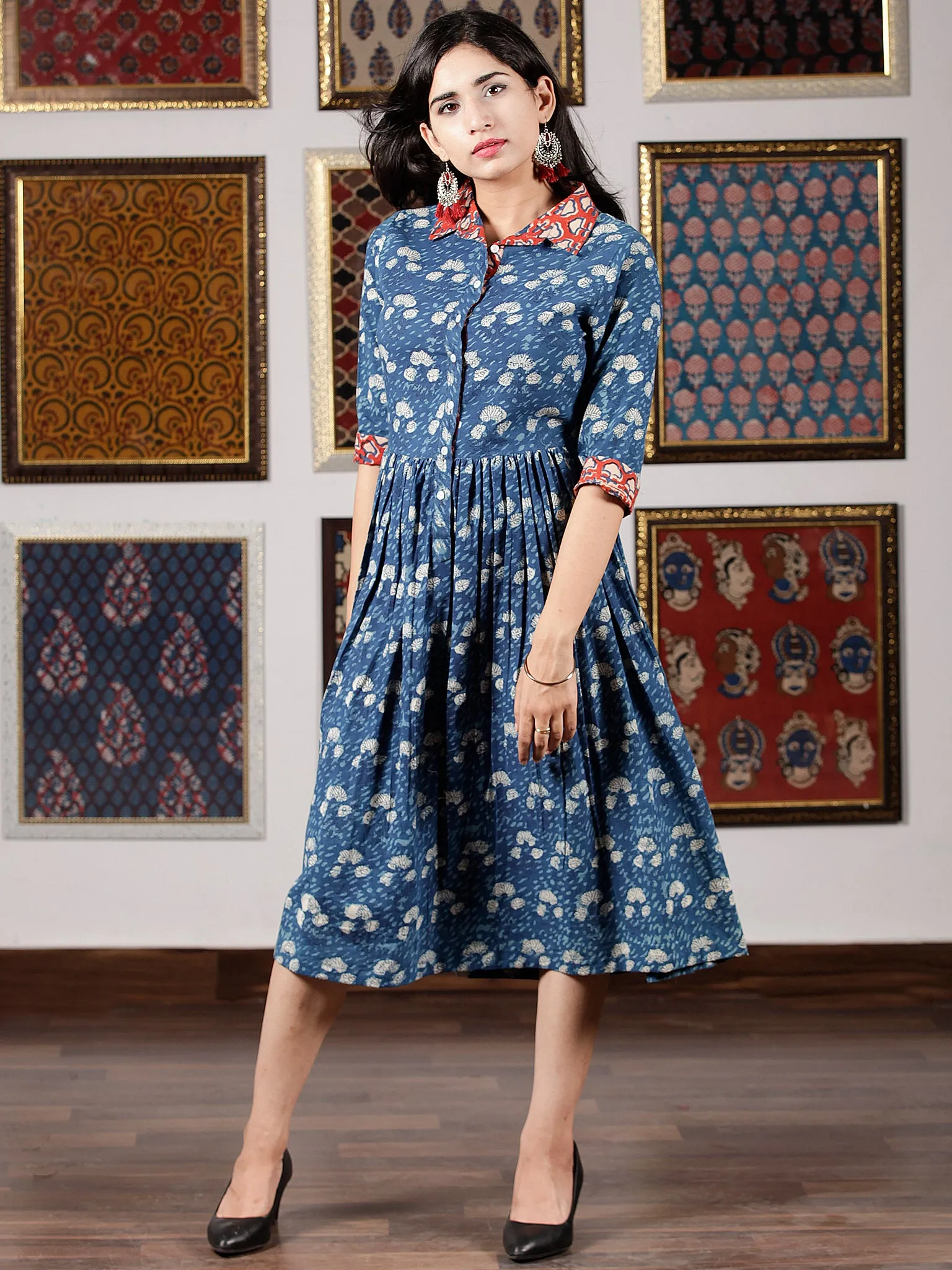 Indigo White Red Hand Block Printed Midi Cotton Dress With Shirt Collar - D251F1350