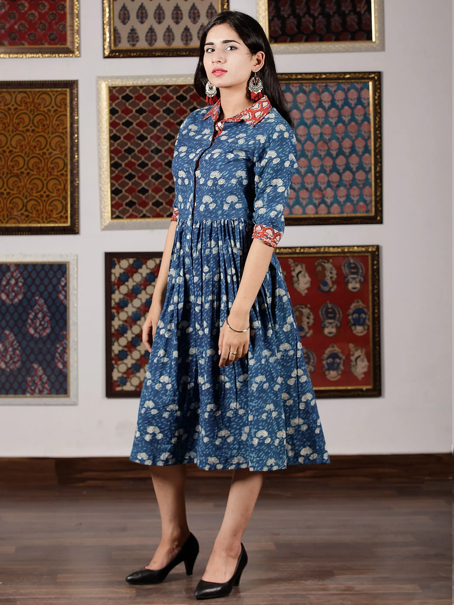 Indigo White Red Hand Block Printed Midi Cotton Dress With Shirt Collar - D251F1350