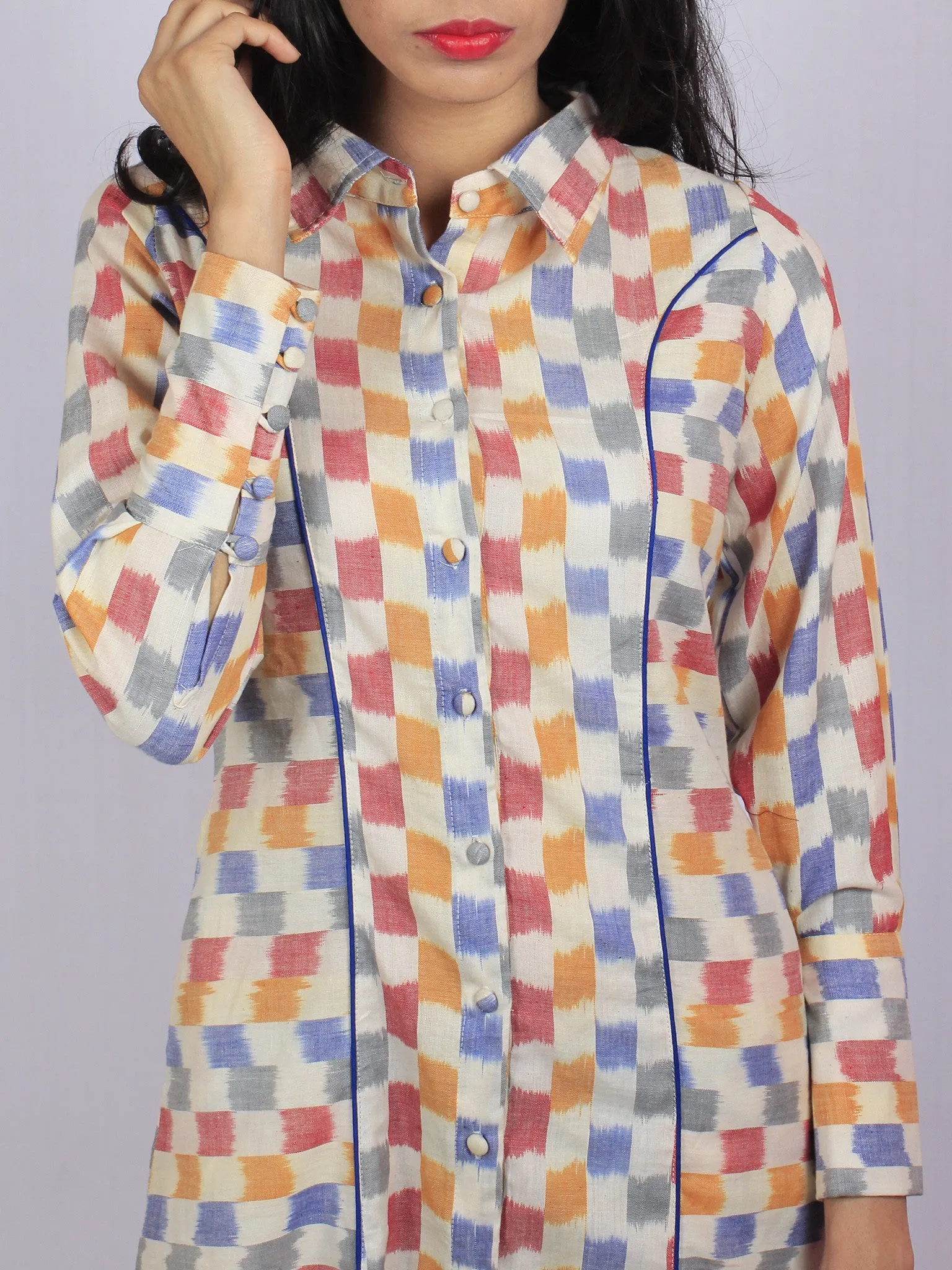 Ivory Blue Grey Plum Ikat Handwoven Cotton Shirt Dress With Pockets - D3157401