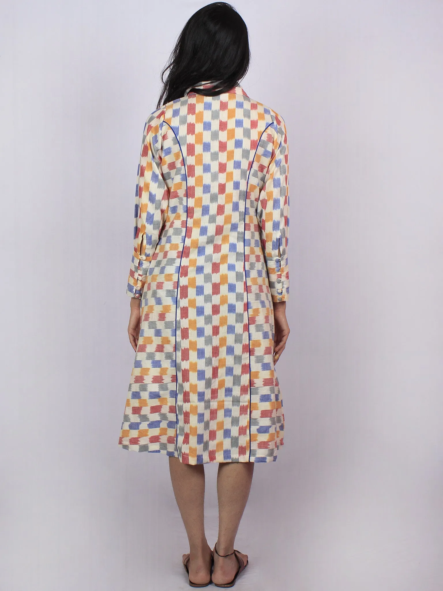 Ivory Blue Grey Plum Ikat Handwoven Cotton Shirt Dress With Pockets - D3157401