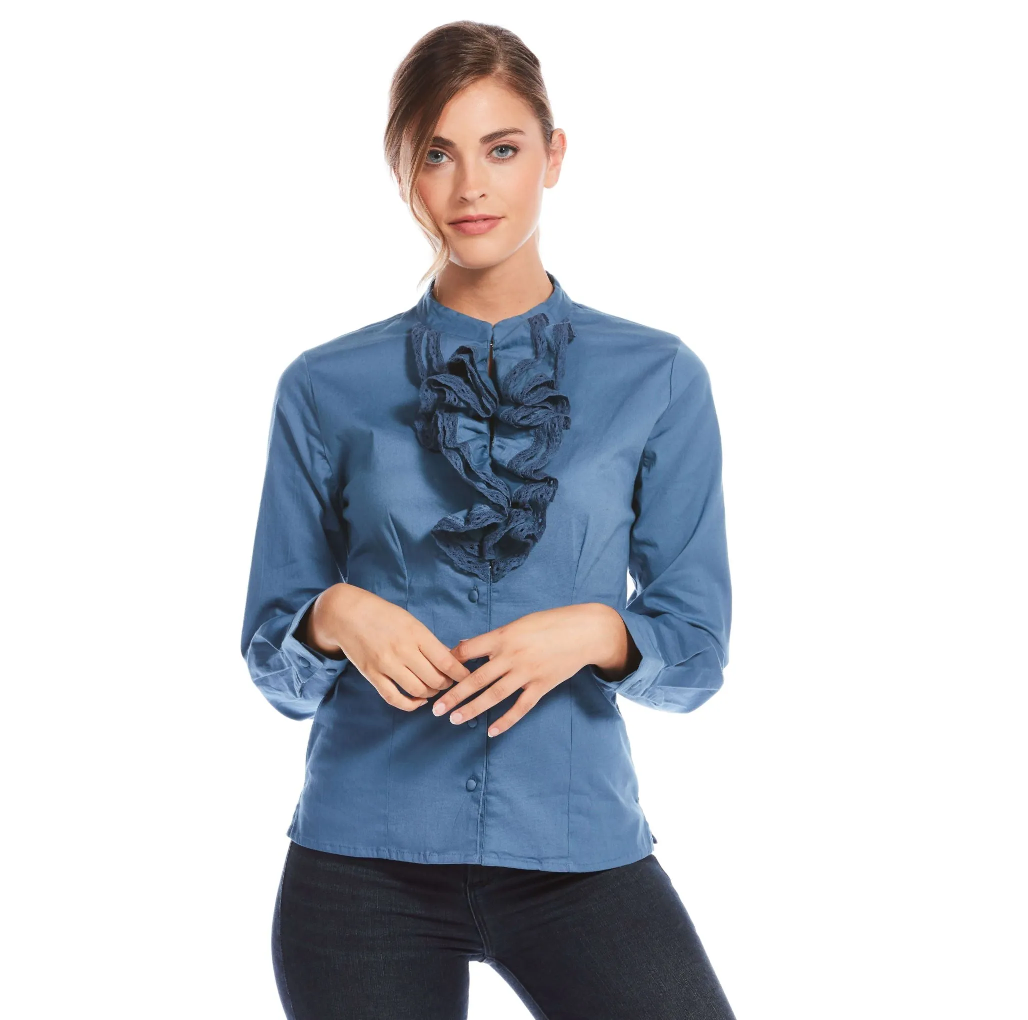 J. Peterman Women's Modern Fit Ruffle Front Blouse in Indigo