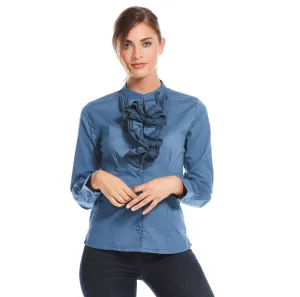 J. Peterman Women's Modern Fit Ruffle Front Blouse in Indigo