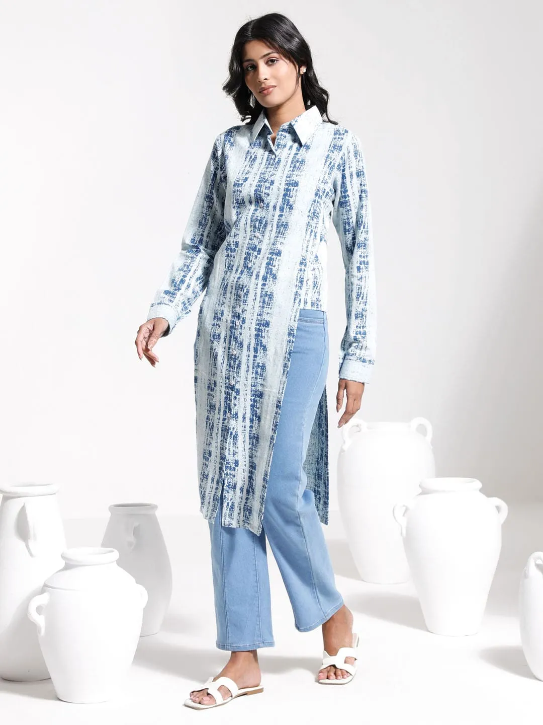 Jashvi Women's Blue Indigo Denim Look Cotton Shirt Style Kurta