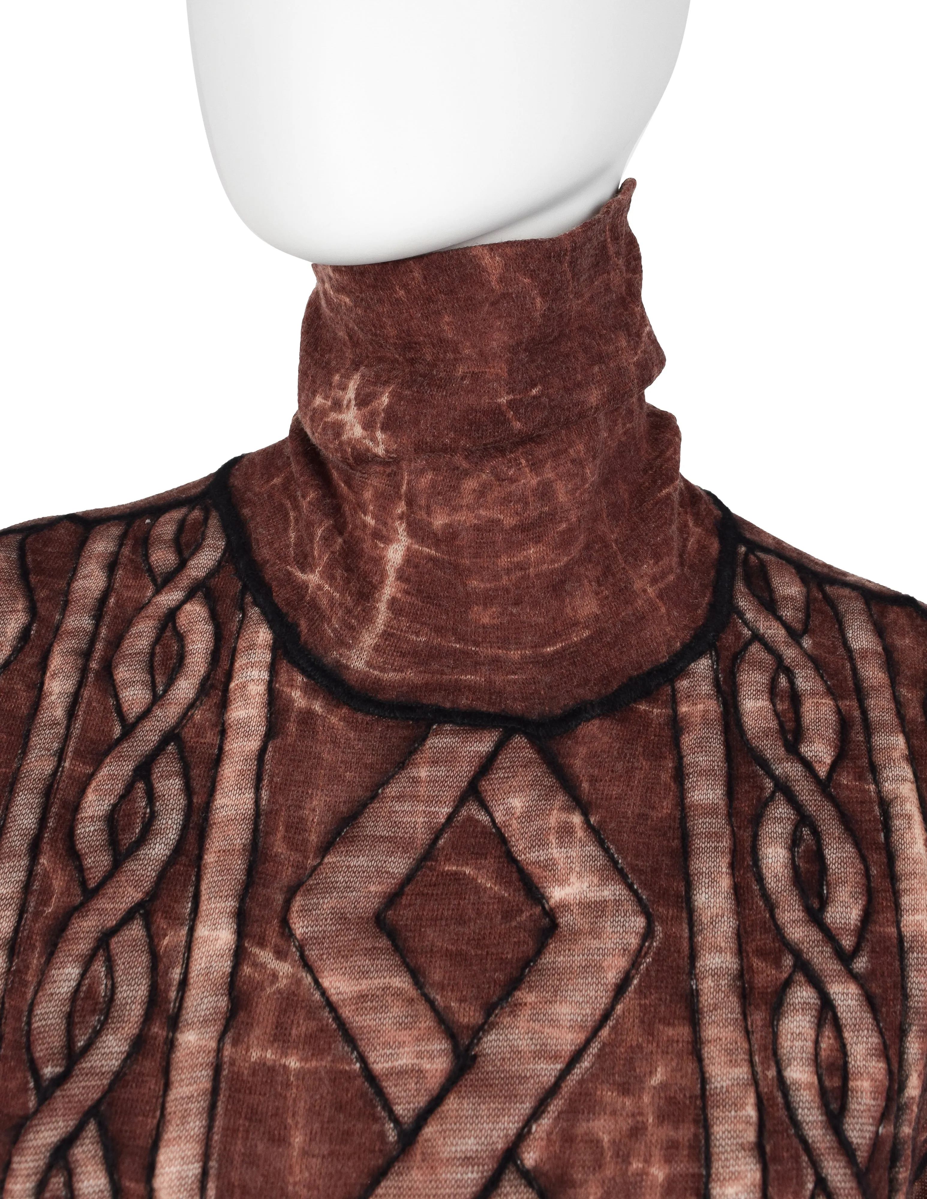 Jean Paul Gaultier Vintage AW 2000 Brick Marbled Puffy Trompe L'oeil Aran Knit Sheer Wool Turtleneck Top