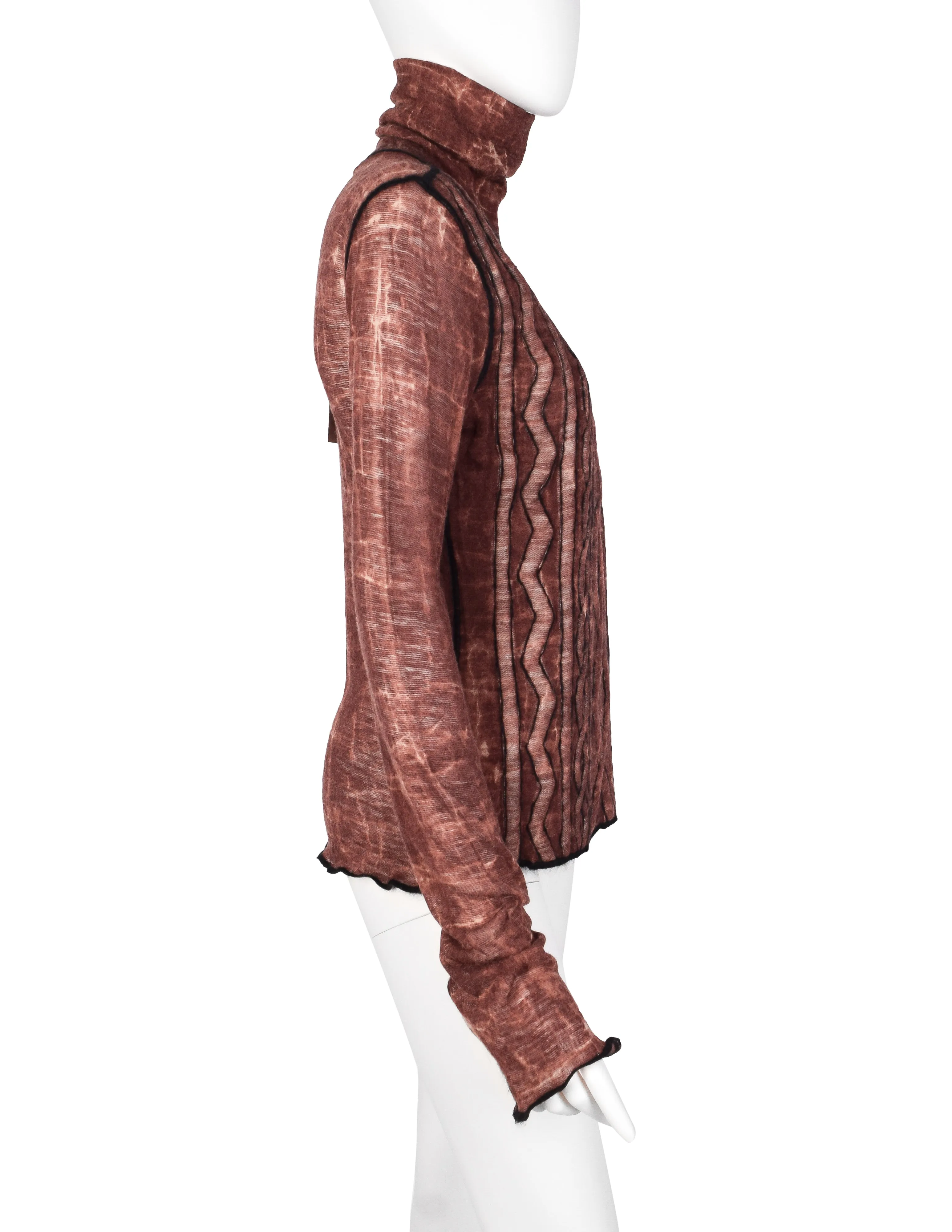 Jean Paul Gaultier Vintage AW 2000 Brick Marbled Puffy Trompe L'oeil Aran Knit Sheer Wool Turtleneck Top