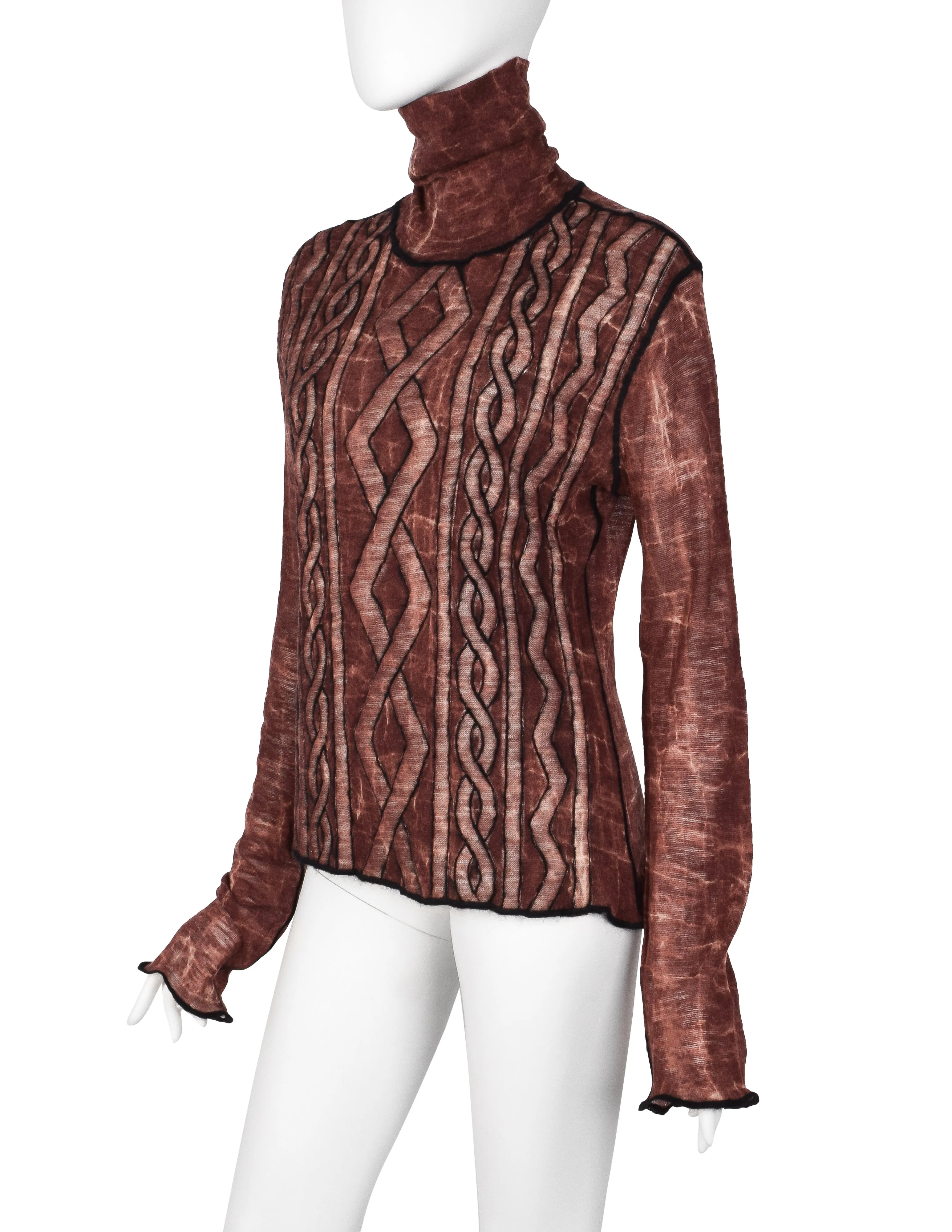 Jean Paul Gaultier Vintage AW 2000 Brick Marbled Puffy Trompe L'oeil Aran Knit Sheer Wool Turtleneck Top