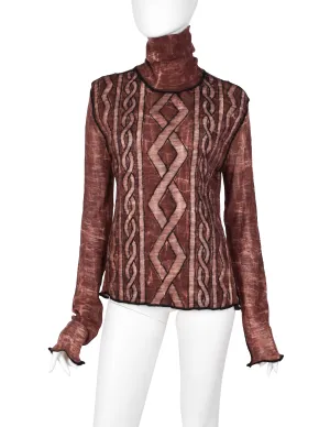 Jean Paul Gaultier Vintage AW 2000 Brick Marbled Puffy Trompe L'oeil Aran Knit Sheer Wool Turtleneck Top