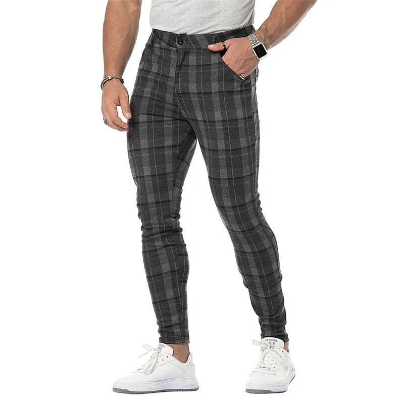 Jinquedai  Casual Mens Chinos Cotton Slim Fit Men Pants Trousers Skinny Chinos Pants Grey Ankle Length Streetwear Plaid Side Stripe Pants