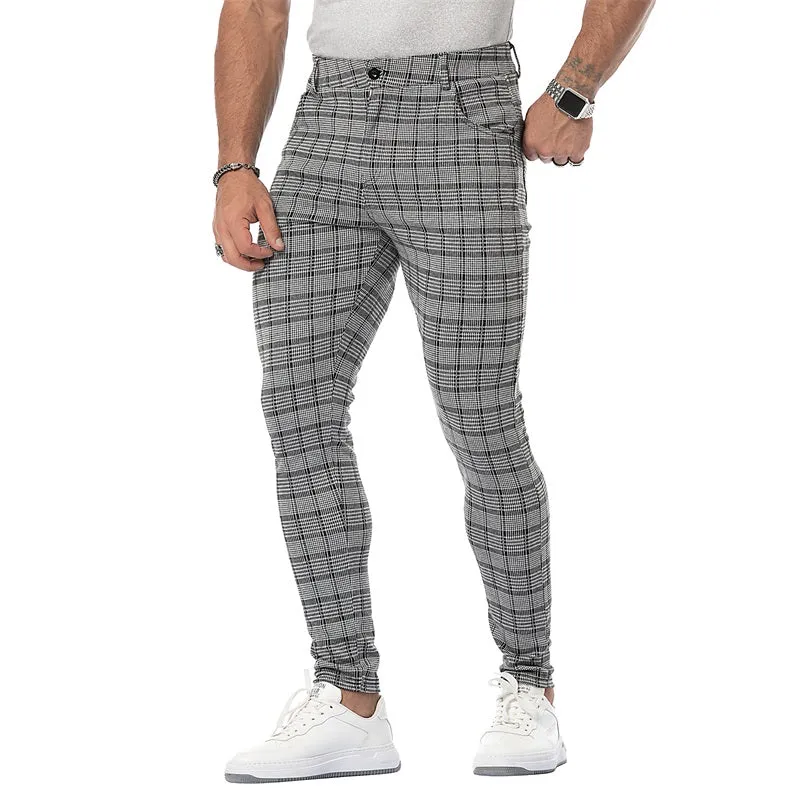 Jinquedai  Casual Mens Chinos Cotton Slim Fit Men Pants Trousers Skinny Chinos Pants Grey Ankle Length Streetwear Plaid Side Stripe Pants