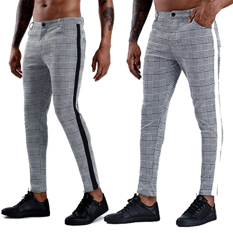 Jinquedai  Casual Mens Chinos Cotton Slim Fit Men Pants Trousers Skinny Chinos Pants Grey Ankle Length Streetwear Plaid Side Stripe Pants