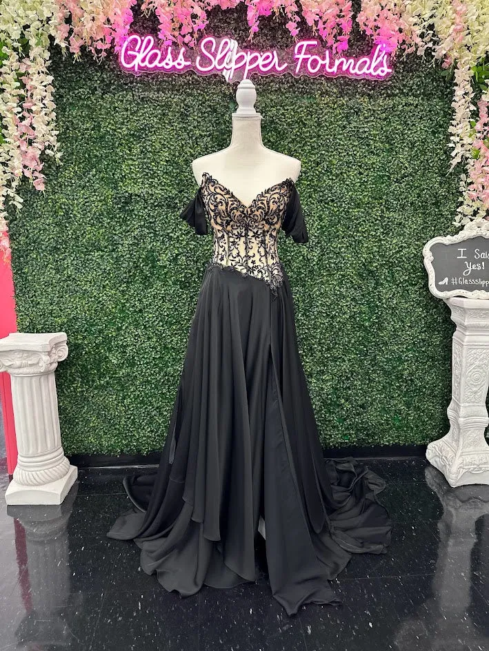 Johnathan Kayne 2554 Size 4 Black Pageant Gown Prom Dress Sheer Lace A Line Layered Skirt Long Train