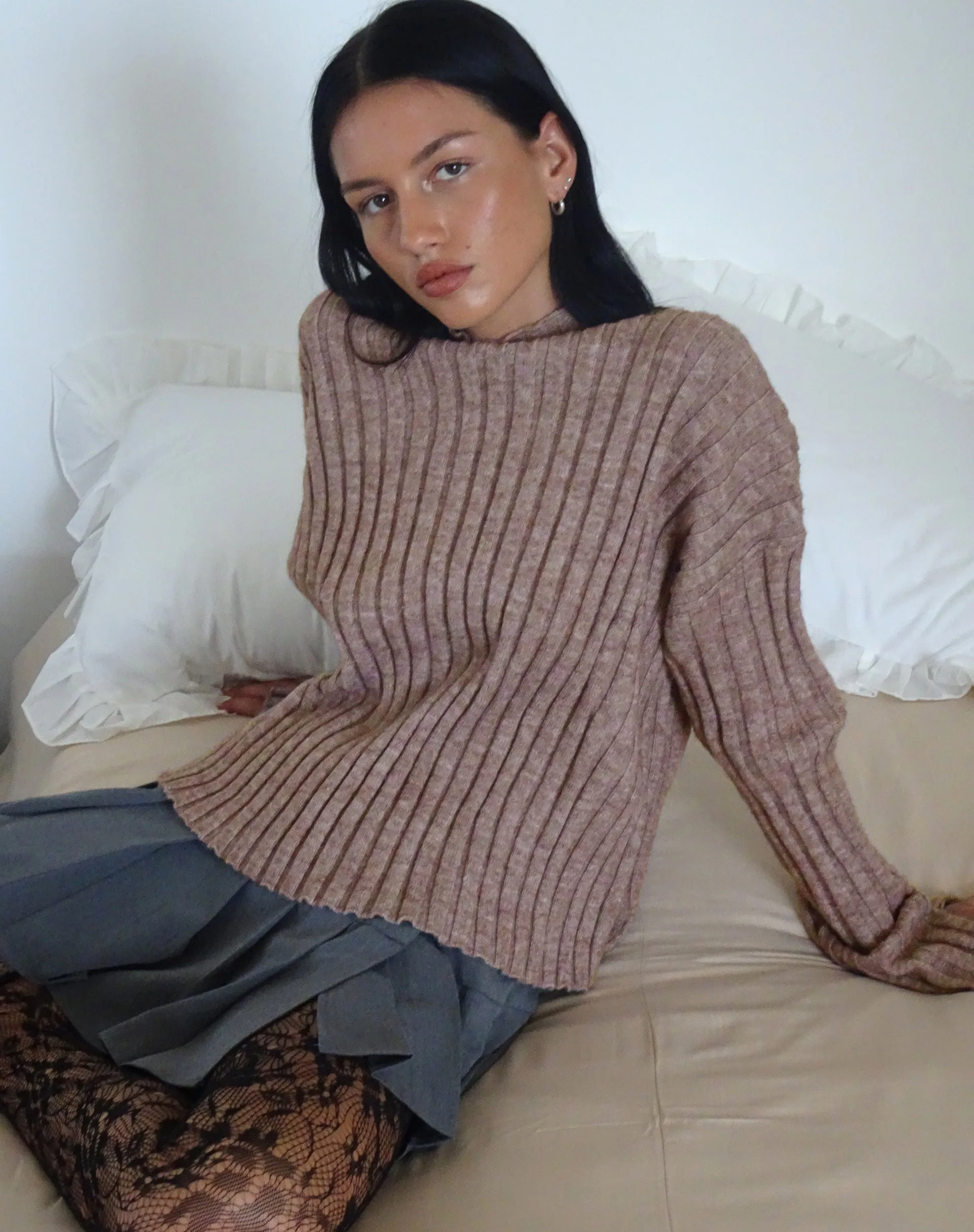 Judah Oversized Chunky Rib Knit Jumper in Taupe