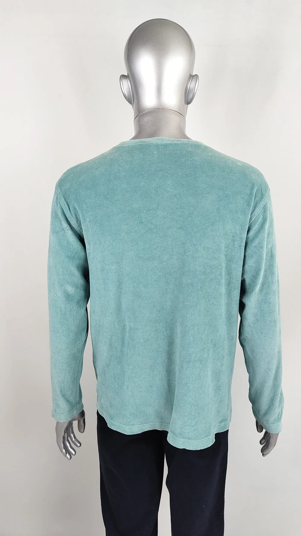 Katherine Hamnett Vintage Mens Turquoise Velour Sweatshirt, 1990s