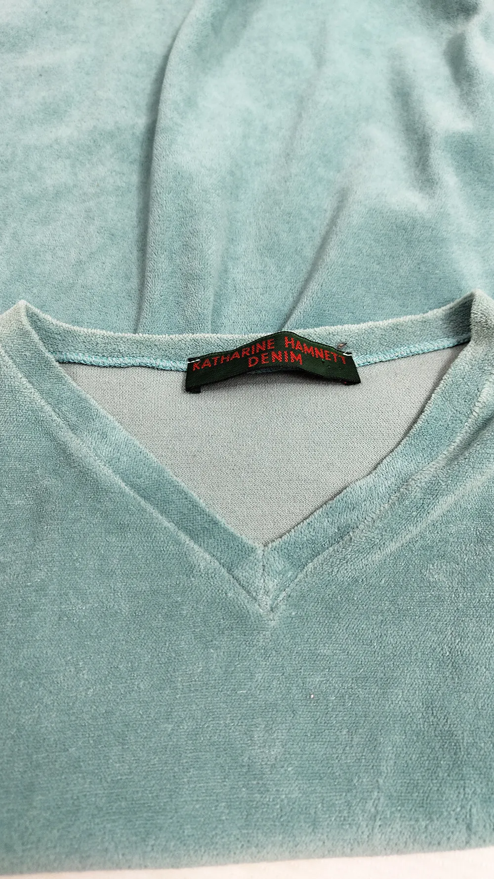 Katherine Hamnett Vintage Mens Turquoise Velour Sweatshirt, 1990s