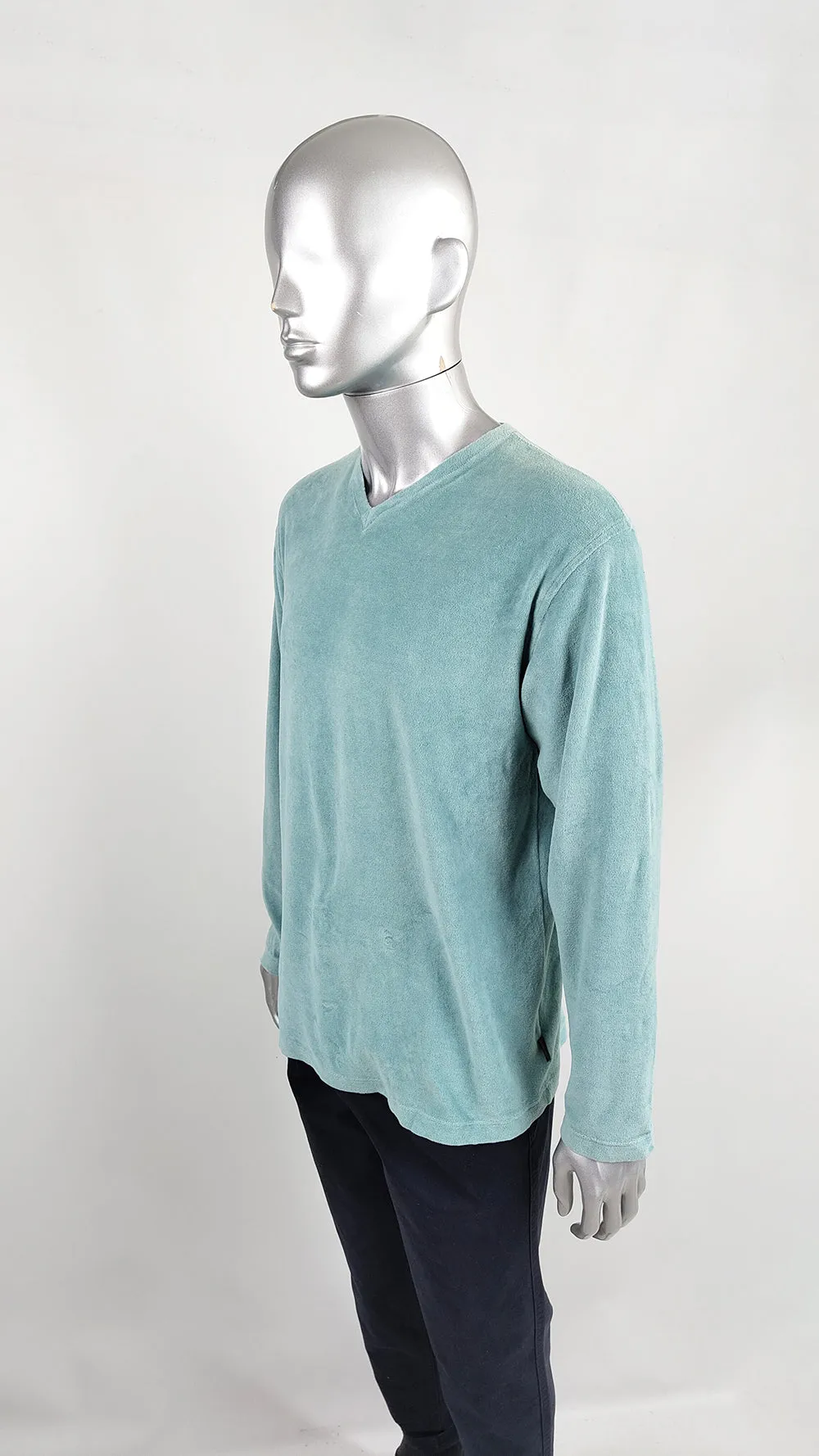 Katherine Hamnett Vintage Mens Turquoise Velour Sweatshirt, 1990s