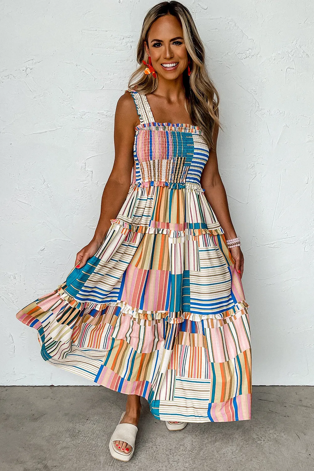 Khaki Mix Striped Wide Straps Smocked Tiered Maxi Dress