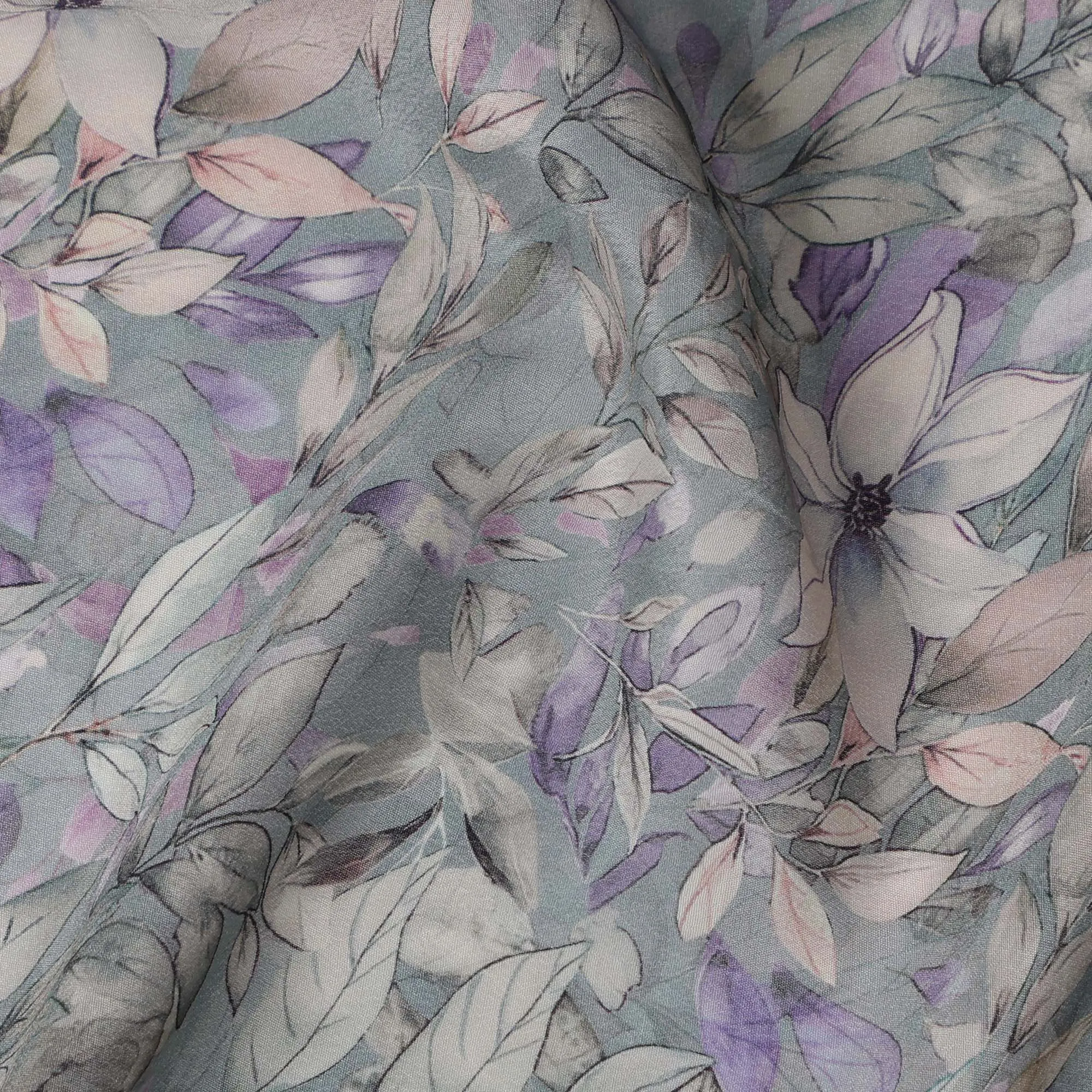 Light Grey Viscose Digital Printed Fabric with Botanical Floral Design, 110 cm Width-D21324