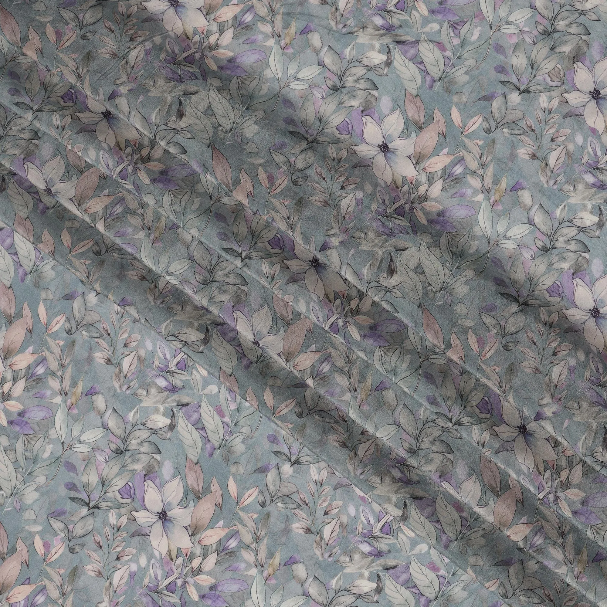 Light Grey Viscose Digital Printed Fabric with Botanical Floral Design, 110 cm Width-D21324