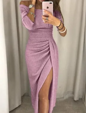 Long Sexy Off Shoulder Party Dress Women High Slit Bodycon Shein Dress Autumn Three Quarter Sleeve Bright Silk Shiny Dress