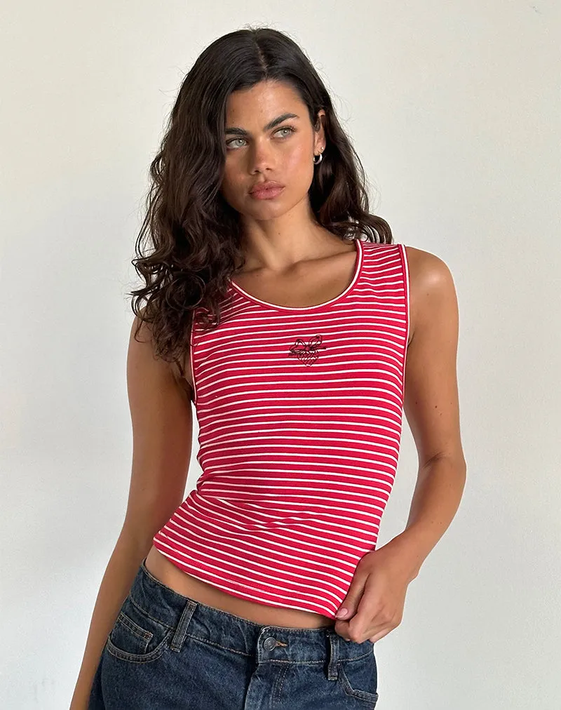 Lorica Tank Top in Red and White Stripe with Strawberry Emb