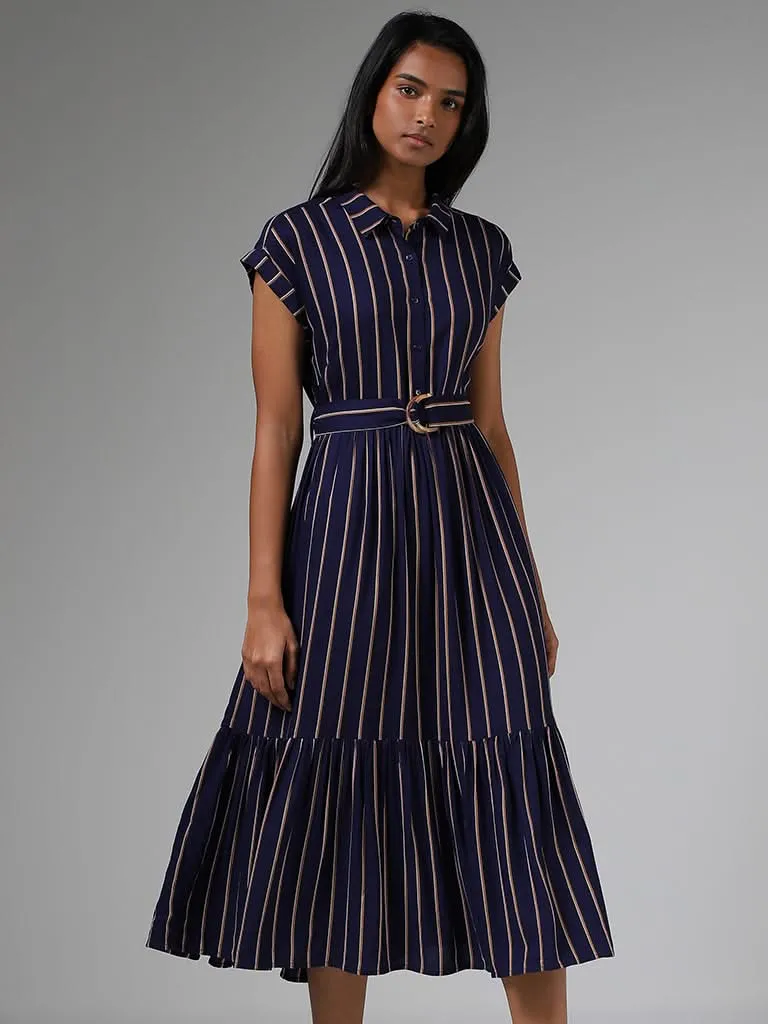 LOV Indigo Blue Striped Tiered Dress with Belt