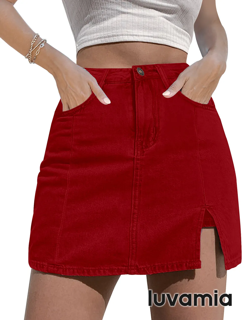 luvamia Skorts Skirts for Women Denim Mini Skirt Side Slit with High Waisted Jean Shorts Stretchy