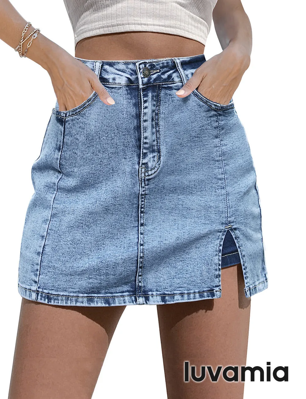 luvamia Skorts Skirts for Women Denim Mini Skirt Side Slit with High Waisted Jean Shorts Stretchy