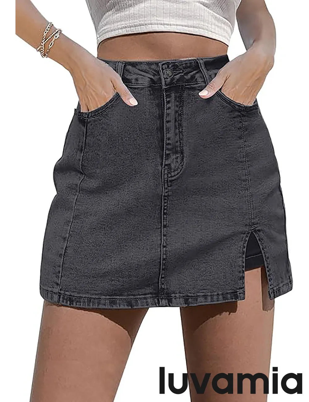 luvamia Skorts Skirts for Women Denim Mini Skirt Side Slit with High Waisted Jean Shorts Stretchy