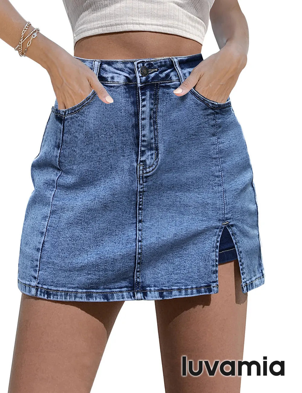 luvamia Skorts Skirts for Women Denim Mini Skirt Side Slit with High Waisted Jean Shorts Stretchy