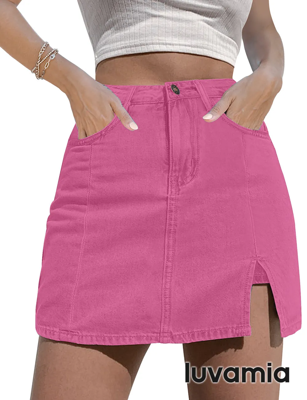 luvamia Skorts Skirts for Women Denim Mini Skirt Side Slit with High Waisted Jean Shorts Stretchy