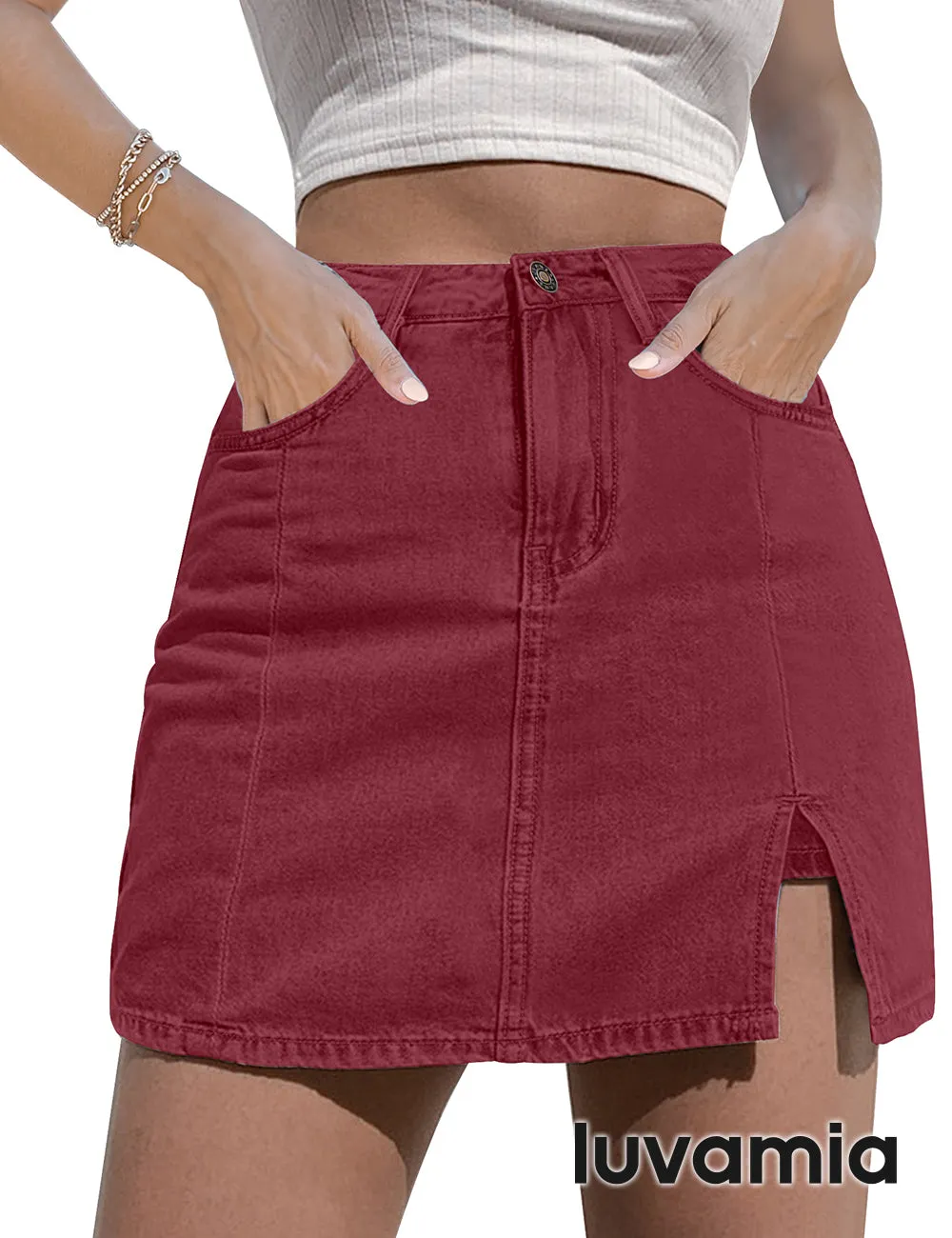 luvamia Skorts Skirts for Women Denim Mini Skirt Side Slit with High Waisted Jean Shorts Stretchy