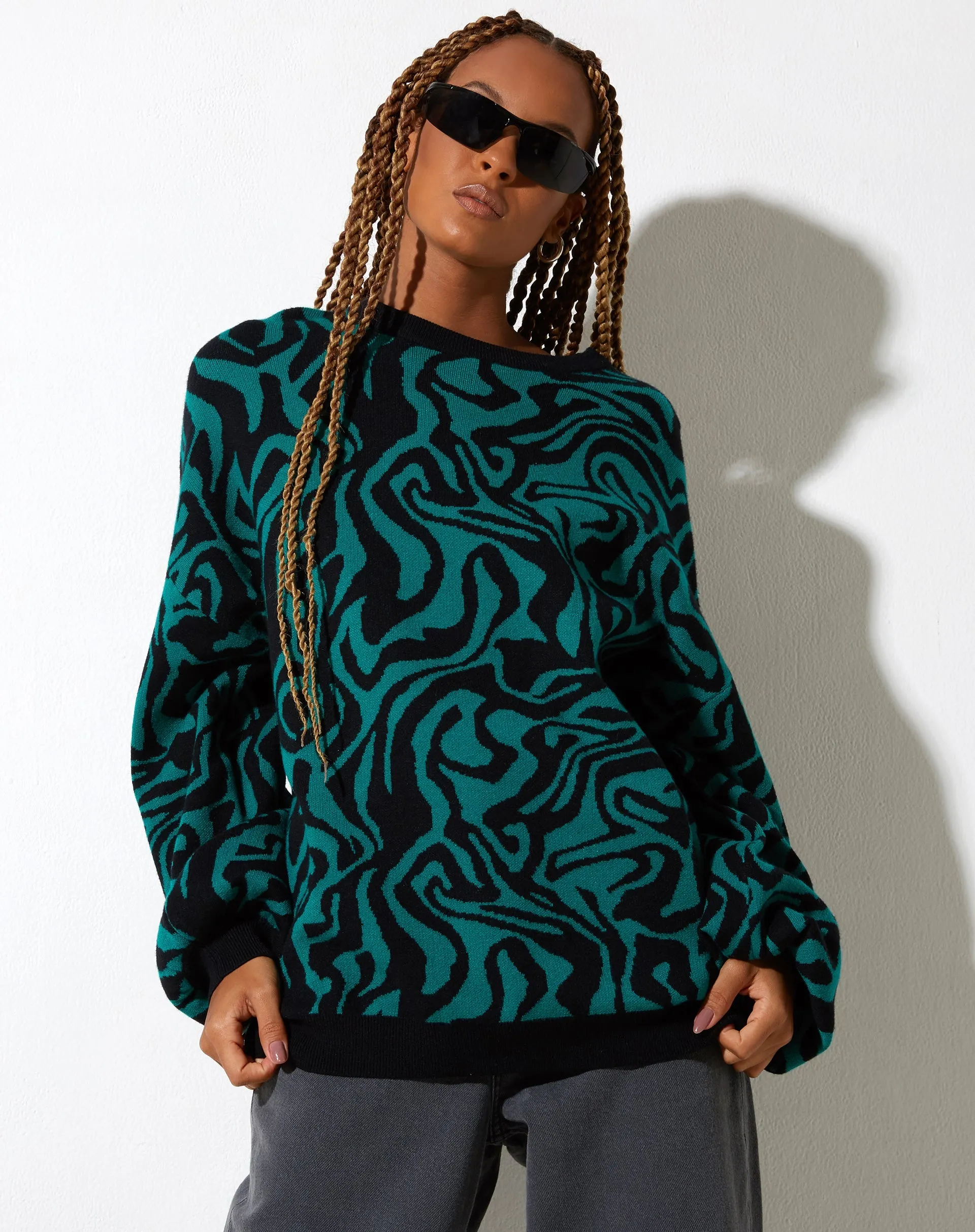 Mably Jumper in Jagged Swirl Green and Black