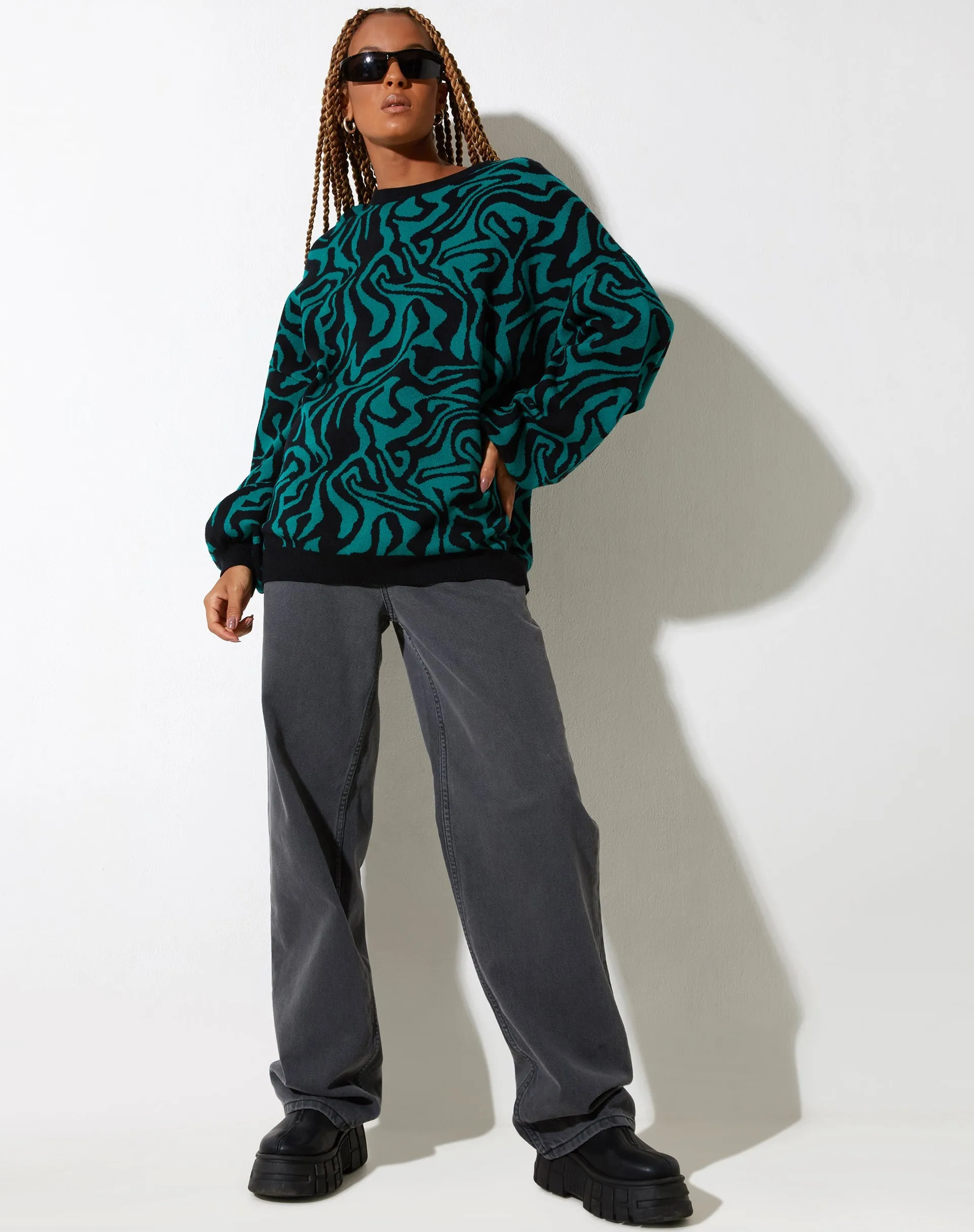 Mably Jumper in Jagged Swirl Green and Black